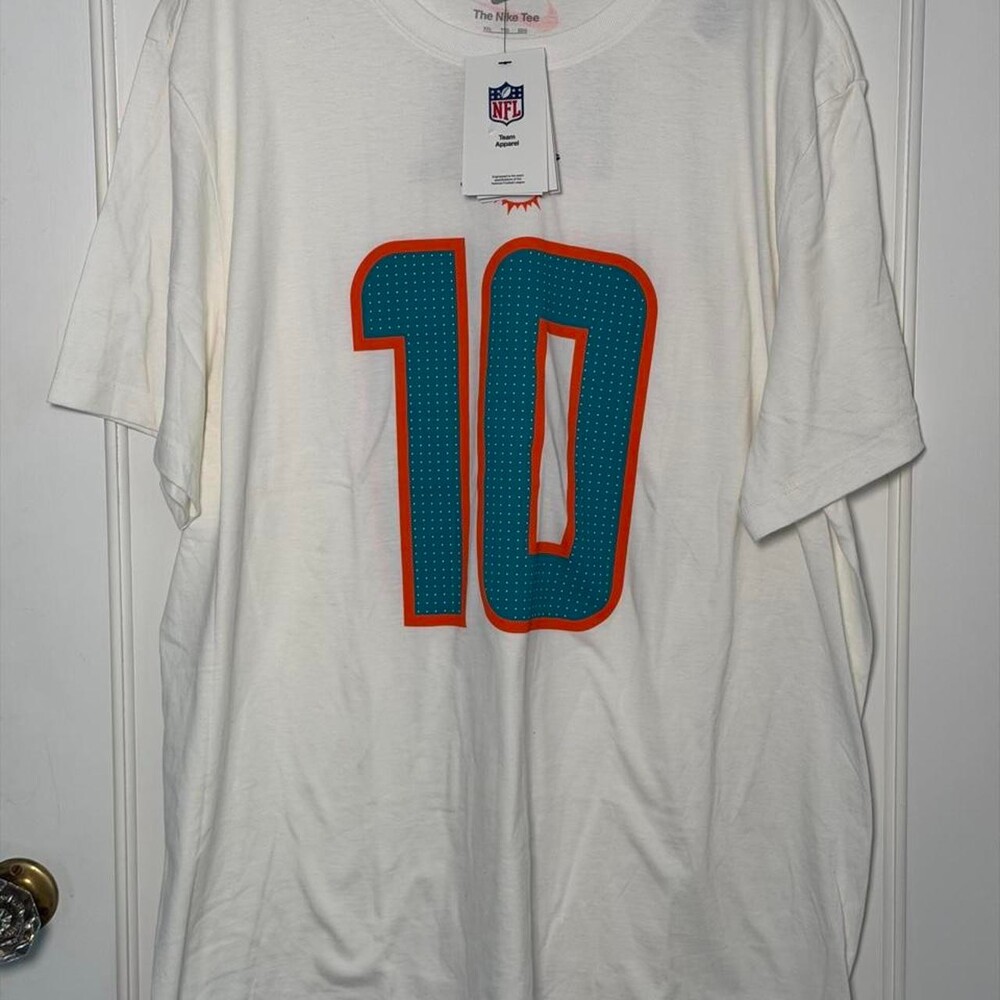 Nike Miami Dolphins Tyreek Hill white t-shirt with blue/orange number 10 graphic
